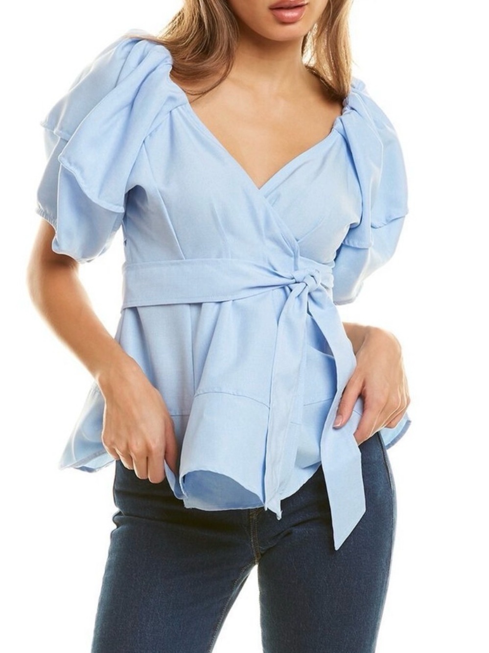 NWT Beulah Light Blue Wrap Blouse with Puff Sleeves